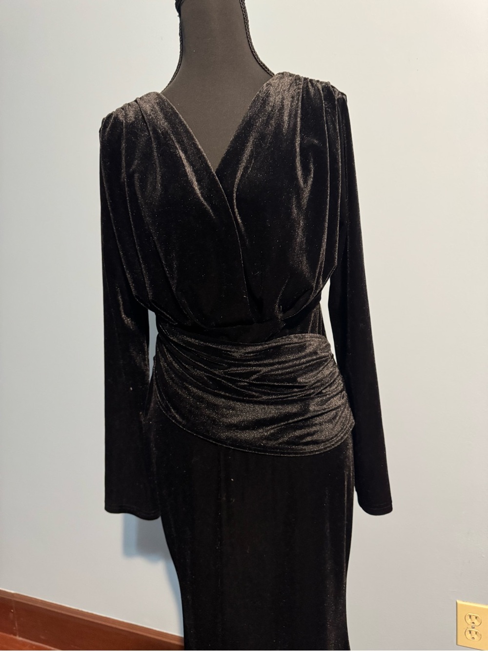 NWOT Elegant Black Velvet Maxi Dress with Draped Waist